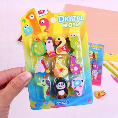 Crackles Cartoon Style Digital Number Erasers for Kids School Supplies Rubber Stationary Kit for Boys and Girls Cute 0-9 Number Animal Eraser for Children Learn and Play Kit  