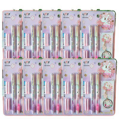Crackles Cute Unicorn Glittery Fountain Pen Set With Book Mark For Girls Stationery Writing Set For Kids (2 Pens, 4 Refills and 1 Bookmark)- Multi Color (Pack of 10)