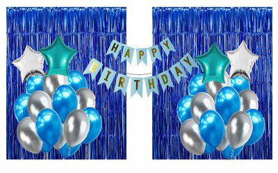 Crackles Happy Birthday Balloons Decoration Items Combo Kit Blue & Silver- 17 Pcs for Kids and adults