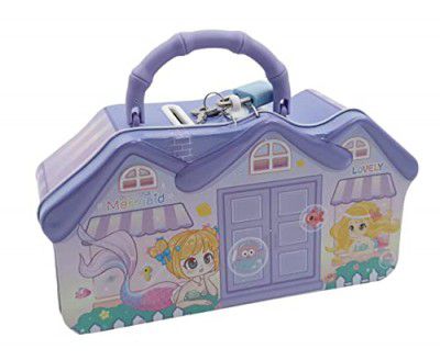 Crackles House Shape Metal Tin Box Money Bank with Lock and Key for Children Gift | Kids Room Decoration- Assorted Print & Color- Pack of 1