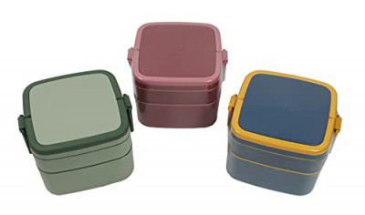 Crackles Modern Design Square Shape Double Layer Lunch Box with 1 Spoon