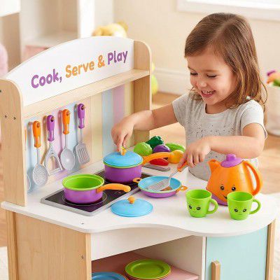 Crackles Pretend Play Solid Colour Tea Party Kitchen Play Set Toy with Teapot, Cups Pretend Play Cooking Set, Toy Pots N Pans, Cookware, Utensils