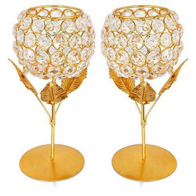 Craft Hub Crystal Rose Brass Candle Holder for Decoration - Set of 2