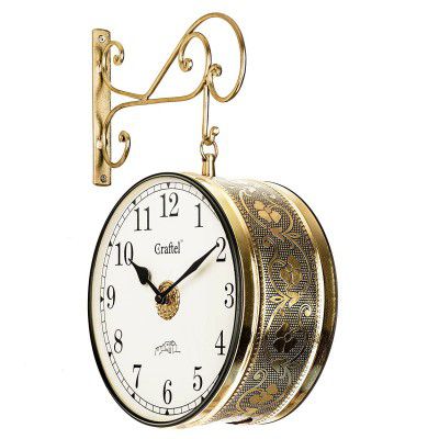 CRAFTEL Metal Analog Double Sided Vintage Station Wall Clock with Brass in dial (Golden, 10 Inches)