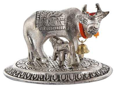 Crafticia Metal Kamdhenu Cow and Calf Idol Silver Finish Holy Spiritual Showpiece for Vastu (9x6x6 cm, Silver)