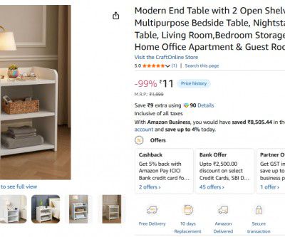 CraftOnline Modern End Table with 2 Open Shelves | Multipurpose Bedside Table
