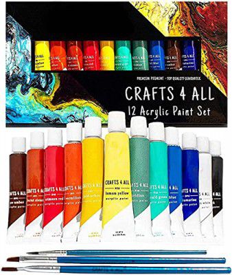 Crafts 4 ALL Acrylic Paint Set for Kids and Adults - 12 Pack of 12 mL Craft Paint Colors for Wood, Canvas, Fabric and Ceramics w/ 3 Different Sized Brushes - Art Supplies…