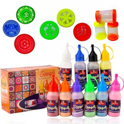 CraftVatika Rangoli Making Tools Kit - Set of 10 Rangoli Powder Bottles Tubes with Nozzles, 3 Stencils, 3 Fillers, 3 Stamp, Diwali Decoration Items