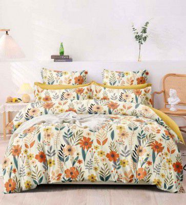 Alliance Cream Floral 160 TC Microfibre King-Sized Bedsheet with 2 Pillow Covers