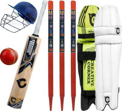 Creative Corner 1 Kashmiri Willow Bat Full cane Handel, 1 Fiber Helmate, 1 Set of Leg Guard Pu Leather, 1 Ball Made by LM Leather 4 Pcs Cut for extra mile, 3 Stumps made by liptis wood, Cricket Kit