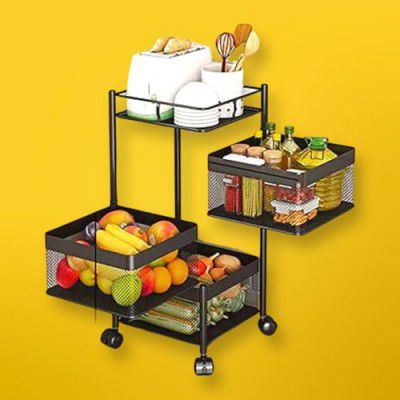CreativeBuzz Metal Kitchen Trolley (3 Layer), Black