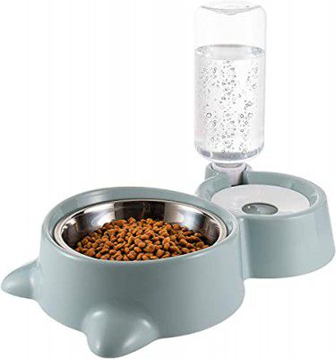 CREDLY Double Bowl Water and Food Cat Feeder Detachable Stainless Steel Bowl and Automatic Water Dispenser Bottle