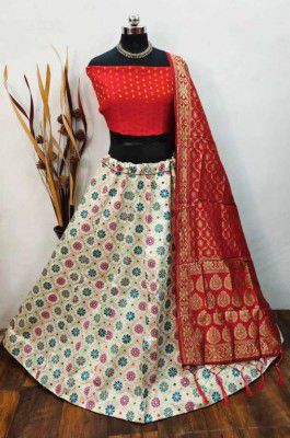 crezz n world  Checkered Semi Stitched Lehenga & Crop Top (White)