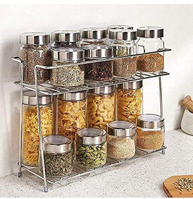 Cri8Hub Stainless Steel Kitchen Rack, Stand, Organizer & Space Saver, 2-Tier Trolley Basket For Boxes Utensils Dishes Plates (Floor Type Self), Countertop, Tabletop, Tiered Shelf