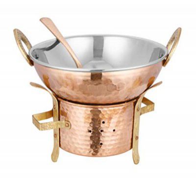 Crockery Wala And Company Serving Set, Copper Steel Karhai 1000 ml, Sigri and 1 Serving Spoon