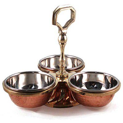 Crockery Wala And Company Handmade Steel Copper 3 Bowl Compartment Pickle Set for use Dish Serving Restaurant Ware Hotel Home