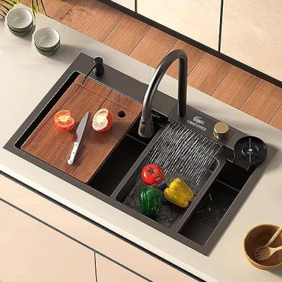 CROCODILE Kitchen Sink with ANTI SCRATCH HONEYCOMB DESIGN Integrated Waterfall and Pull-down Faucet Set/304 Grade Stainless Steel Sink (30x18x9 inch, Nano Coating)