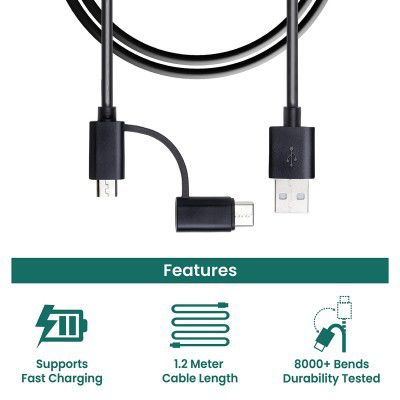Croma 3A Fast charge 1.2m 2 in 1 sync and charge cable, Made in India, 480Mbps Data transfer rate, Tested Durability with 8000+ bends (12 months warranty) (CRCMA0103sTO12, Black)