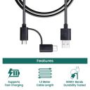 Croma 3A Fast charge 1.2m 2 in 1 sync and charge cable, Made in India, 480Mbps Data transfer rate, Tested Durability with 8000+ bends (12 months warranty) (CRCMA0103sTO12, Black)...