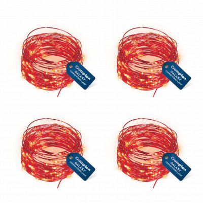 Crompton Galaxy Decoration Copper USB Powered String Fairy Lights with 100 Led Light (10 Meters, Red, Pack of 4)