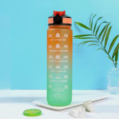 CROSS EFFECT 32oz Motivational Water Bottle with Time Marker, Leak-proof BPA Free Non-Toxic 1l Bottle with Carrying Strap, Perfect for Fitness, Gym and Outdoor Sports (Orange Sports)