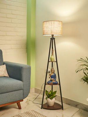 Crosscut Furniture Metal Floor Lamp with 3 Shelves (Brown Jute)