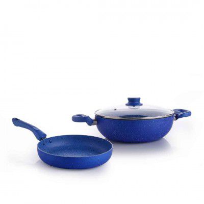 Crystal 250mm Kadai + 250mm Fry Pan with Glass Lid | 2Pcs Set | Blue