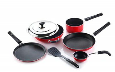 Crystal Aluminium Classic Series 7-Pc Non-Stick Cookware Set, Sauce Pan, 1 Spatula, Red