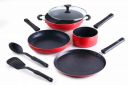 Crystal Classic Series 7-pc Non-Stick Induction Bottom Cookware Set, PFOA Free, Tawa, Fry-Pan, Kadhai with Glass Lid, Sauce Pan with 2 Serving Spoons, Red...
