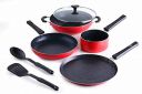Crystal Classic Series 7-pc Non-Stick Induction Bottom Cookware Set, PFOA Free, Tawa, Fry-Pan, Kadhai with Glass Lid, Sauce Pan with 2 Serving Spoons, Red...