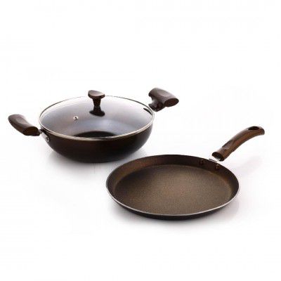 Crystal Coppo Series Nonstick Cookware Set - 3 Pcs | Tawa 250 mm + Kadai 240 mm + Glass Lid 240 mm | Gas Stove Compatible
