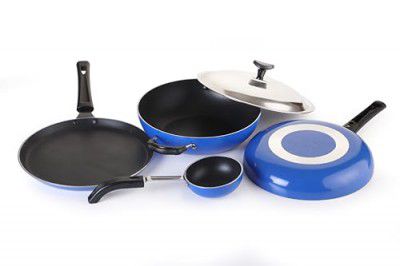 Crystal Eco Series Non-Stick Cookware Set, 5 Pcs, Royal Blue | 2.5 mm Thickness | PFOA Free Non-Stick Coating | Tawa 250 mm | Fry Pan 240 mm | Kadai with Steel lid 240 mm