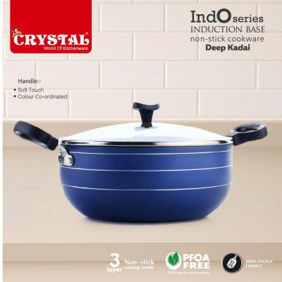 Crystal Indo Series Non Stick Induction Base Deep Kadai 225Mm with Glass Lid