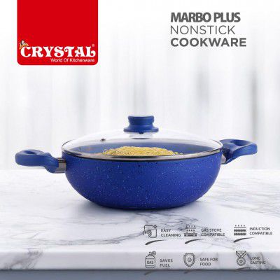 Crystal Marbo Plus Induction Bottom Nonstick kadai | Glass Lid | 250 mm | Thickness: 3mm | 5 Layer Coating | Metal Spoon Friendly | Blue