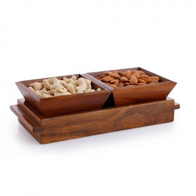 Crystal Milano Premium Teak Wood Tray with 2 Bowls | Serve & Store | Ideal for Home & Restaurants | Handcrafted & Eco -Friendly
