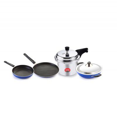 Crystal Nonstick Kitchen cookware Set | Kitchen Combi | Tawa 250 mm | Fry Pan 240 mm | Kdai with Steel Lid 240 mm | Pressure Cooker 3 LTR | PFOA Free | Blue