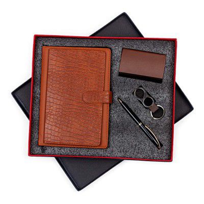 Cubic Combo Gift Box A5 Size Tan Color Croc-Textured Notebook with a Magnetic Flap (623), Dark Tan Visiting Card Holder, Keychain and Oliver Pyra Ball Pen