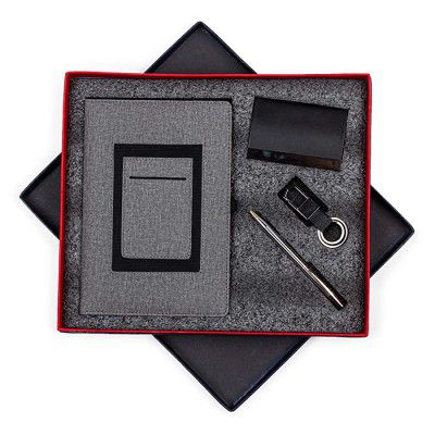 Cubic Combo Gift Box Grey Mobile Pouch, Notebook (640), Black Visiting Card Holder, Keychain and Oliver Worth Ball Pen