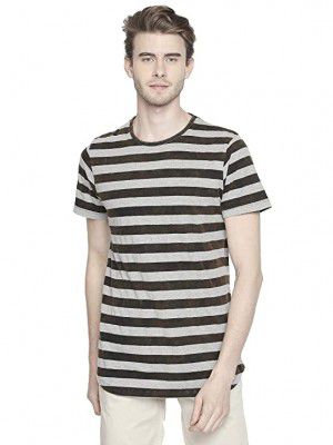 Cult Fiction Grey Melange Yarn Dyed Stripe Regular-Fit T-Shirt for Mens