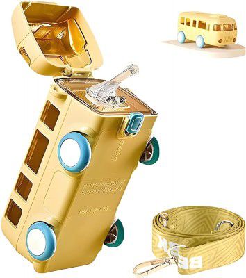 Cute Portable Bus Water Bottle with Strap,Leakproof,Food Grade Bus Shaped with Movable Wheels