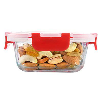 Cutting EDGE Borosilicate Glass Container with Lid Square Glass Container Microwave Safe for Kitchen (Red, 320ml)