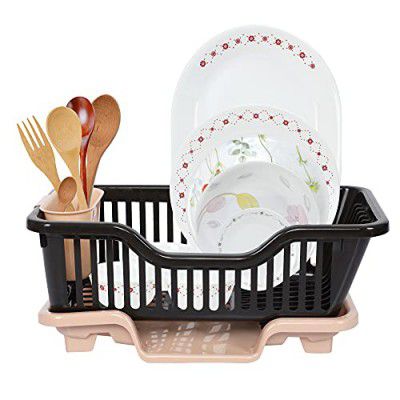 Cutting EDGE Durable Kitchen Sink Dish Rack Drainer, Drying Rack Design 1 Washing Basket with Tray for Kitchen, Dish Rack Organizers, Utensils Tools (Black & Beige, Plastic)(Small Size)