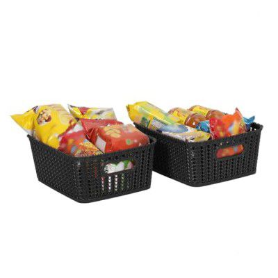 Cutting Edge Essentials Small Woven Plastic Storage Basket Set of 2, Multipurpose Home Organizer, Black