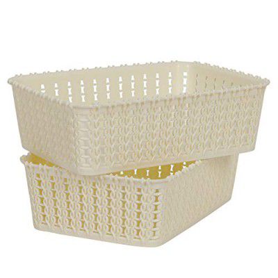 Cutting EDGE Plastic Multipurpose Sturdy Storage Baskets For Cosmetics Office Fruit Vegetable Bathroom Stationary Home Basket with Handle - White (Mini, Set of 2)