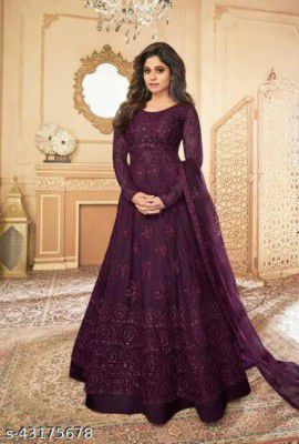 D Fahhion Hub  Embroidered Net Semi Stitched Anarkali Gown  (Purple)