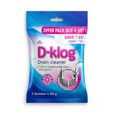 D-Klog Drain Cleaner Powder (40g x 5 Units), Removes Clogs, Blockages in Washbasin, Septic Tank, Sinks, Pipes within 30 mins.Drain expert