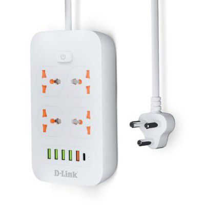 D-Link Power Strip with 4 Universal Sockets with Child Security + 5 USB Ports + 1 Type-C Port, High Temperature Fuse Protector, 1500W with 2 Meter Cable