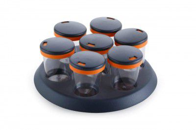 DAAS KITCHENWARE Spice Box Set Multipurpose Revolving Plastic Spice Rack Storage Jar Condiment Set 100 m 7PCSl-Orange