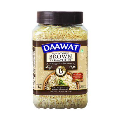 Daawat Brown, Cooks in 15-minute, Full Bran Intact, Fibre-Rich Basmati Rice Jar, 1 Kg