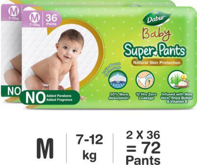 Dabur Baby Super Pants | Diaper Infused with Aloe Vera, Shea Butter & Vitamin E | Insta-Absorb Technology - M  (72 Pieces)